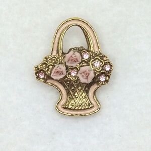 Vintage 1928 Jewelry Co Gold Dipped Rose Basket with Porcelain Roses Brooch
